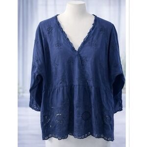 J Jill Eyelet Embroidered Tiered Navy  Blue Cotton Boho Top  Oversized Large